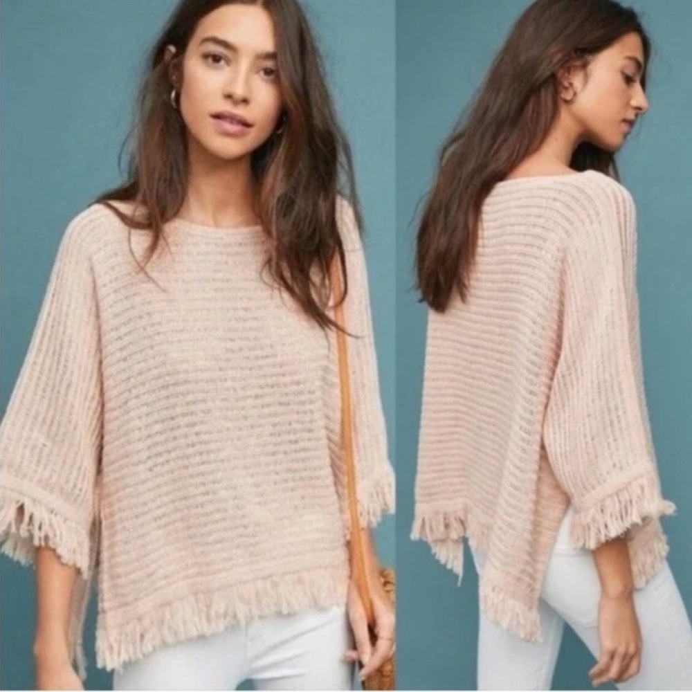 Anthropologie Frenchie Fringe Poncho Top Size S Blush Pink Resort Western Boho